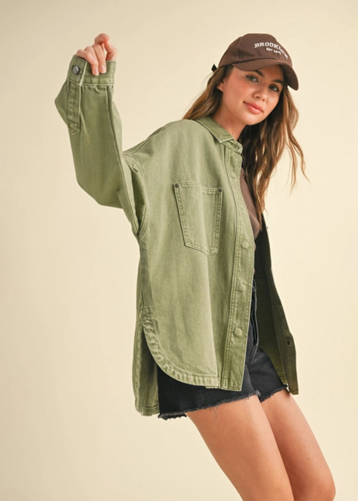 Shirley Washed Denim Snap Shacket - Olive