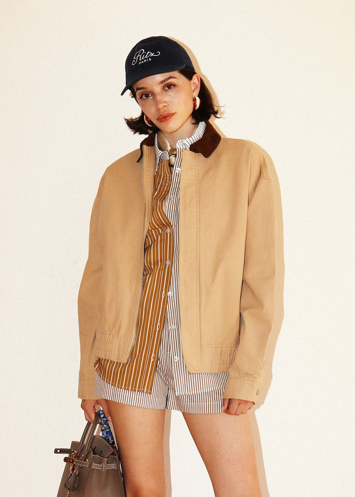 Imogen Contrast Collar Zip Jacket - Taupe