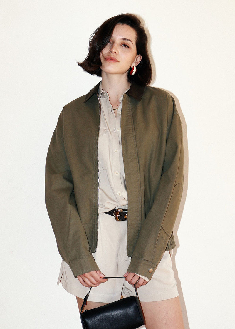 Imogen Contrast Collar Zip Jacket - Olive