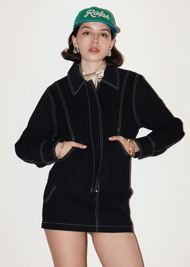 Thea Contrast Stitch Collared Jacket - Black