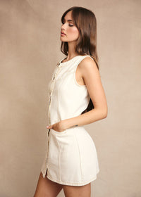 Bowen Stitch Detail Button-Down Mini Dress - Cream