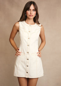Bowen Stitch Detail Button-Down Mini Dress - Cream