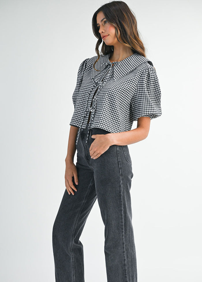 Margaret Gingham Collar Top - Black