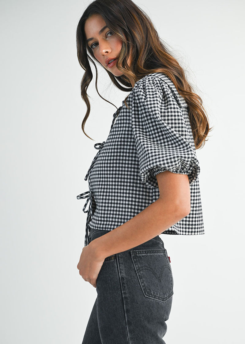 Margaret Gingham Collar Top - Black