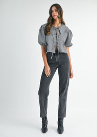 Margaret Gingham Collar Top - Black