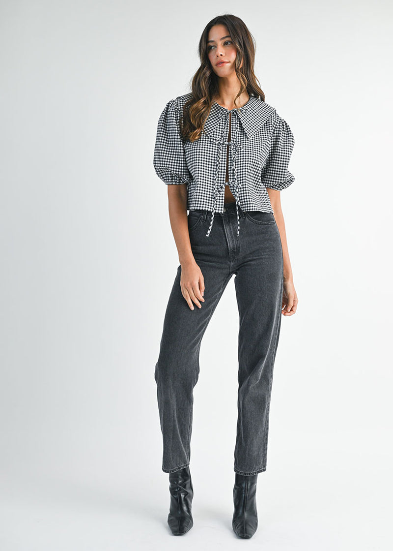 Margaret Gingham Collar Top - Black