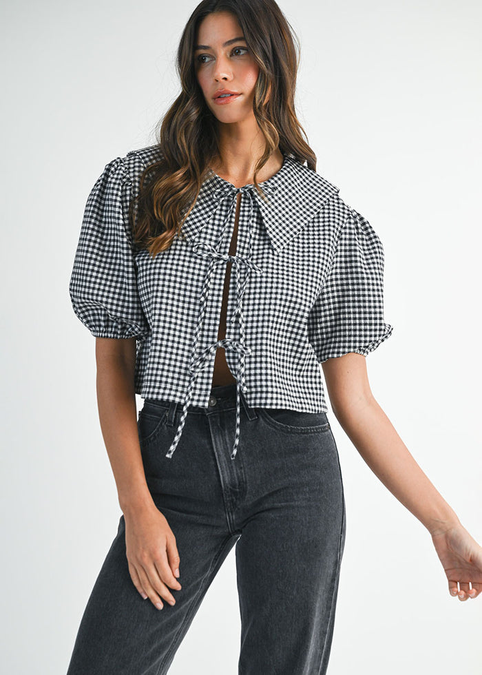 Margaret Gingham Collar Top - Black