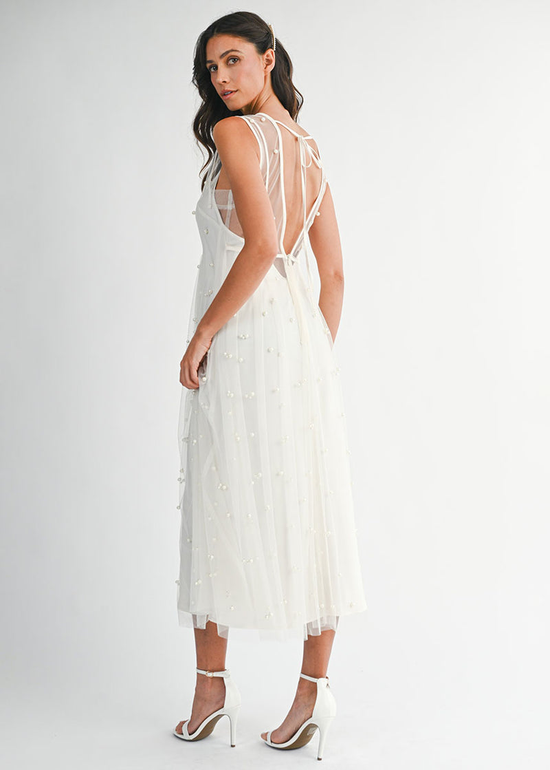 Margaret Pearl Beaded Mesh Midi Dress - Cream