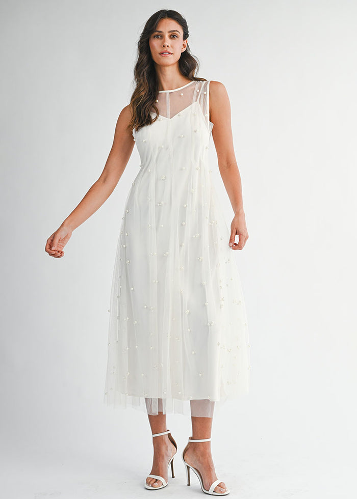 Margaret Pearl Beaded Mesh Midi Dress - Cream
