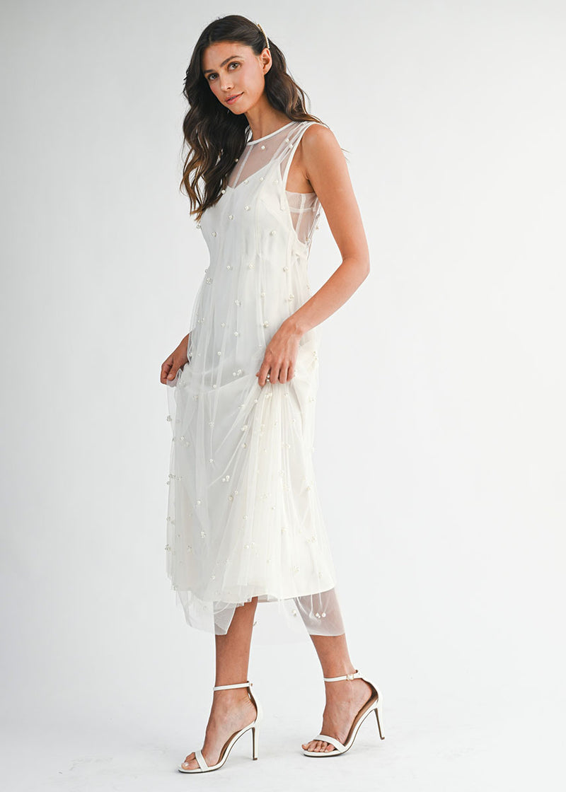 Margaret Pearl Beaded Mesh Midi Dress - Cream