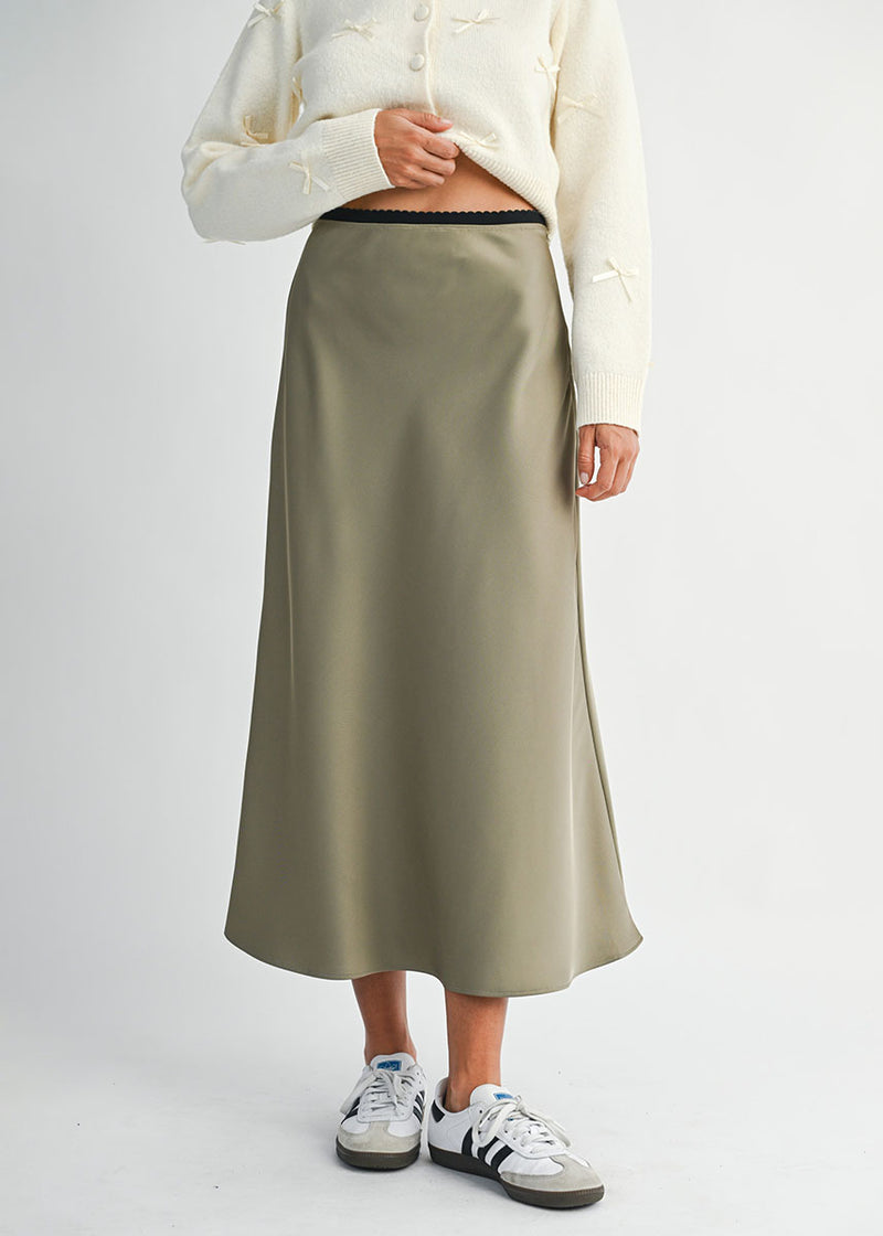 Rorie Satin Contrast Midi Skirt - Olive
