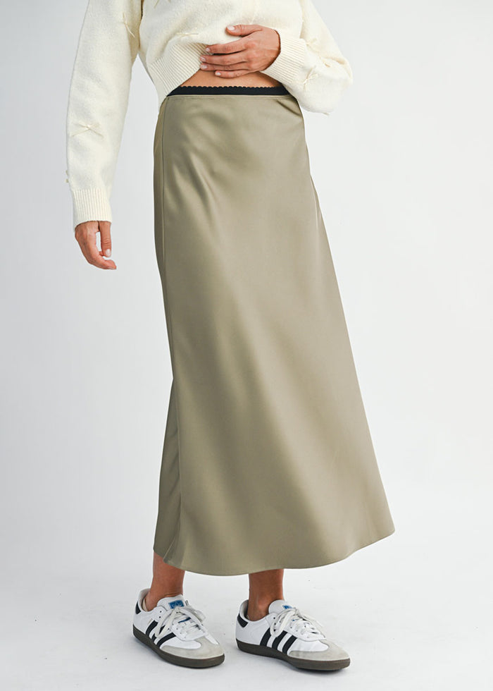 Rorie Satin Contrast Midi Skirt - Olive