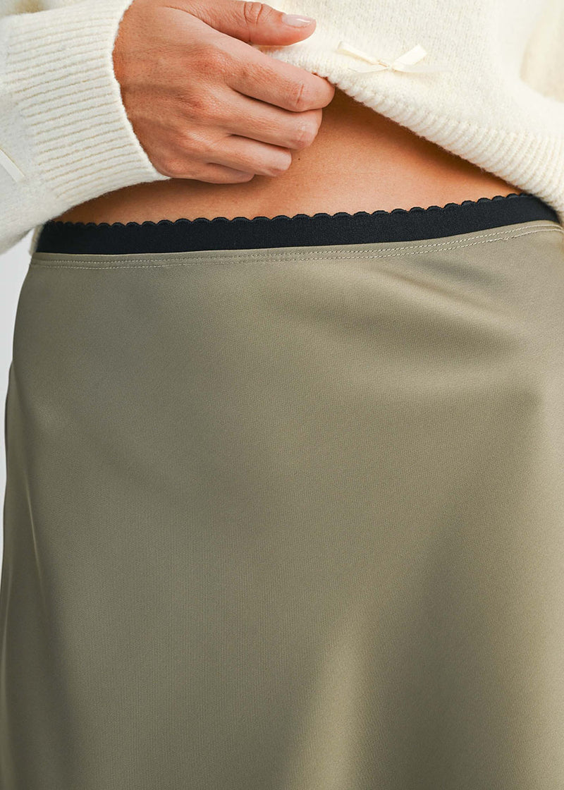 Rorie Satin Contrast Midi Skirt - Olive