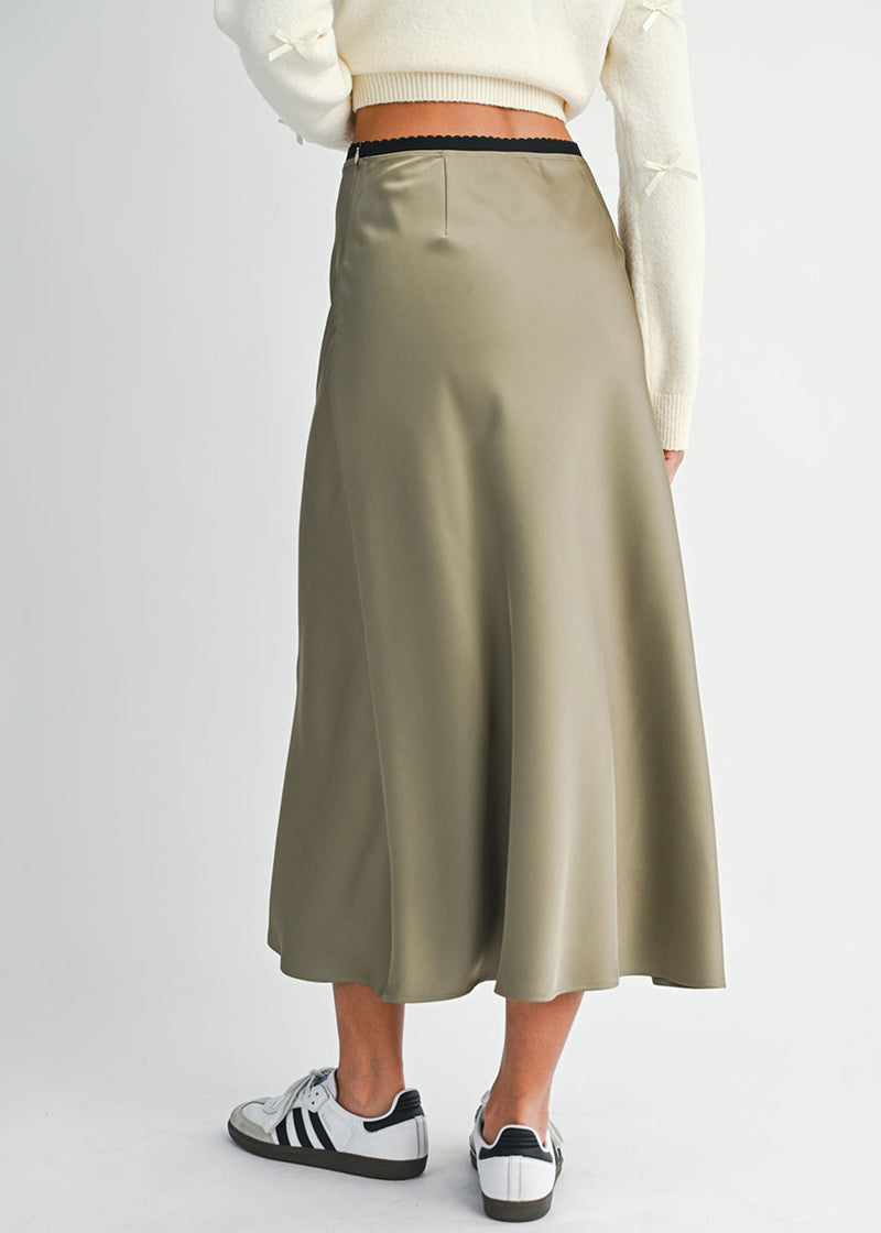 Rorie Satin Contrast Midi Skirt - Olive
