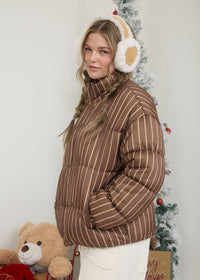 Coco Striped High Neck Puffer Jacket - Brown