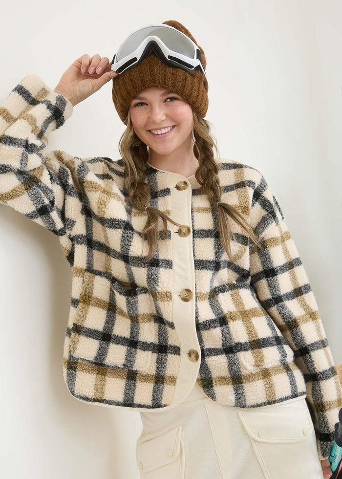 Marigold Plaid Button-Down Teddy Jacket - Cream Multi