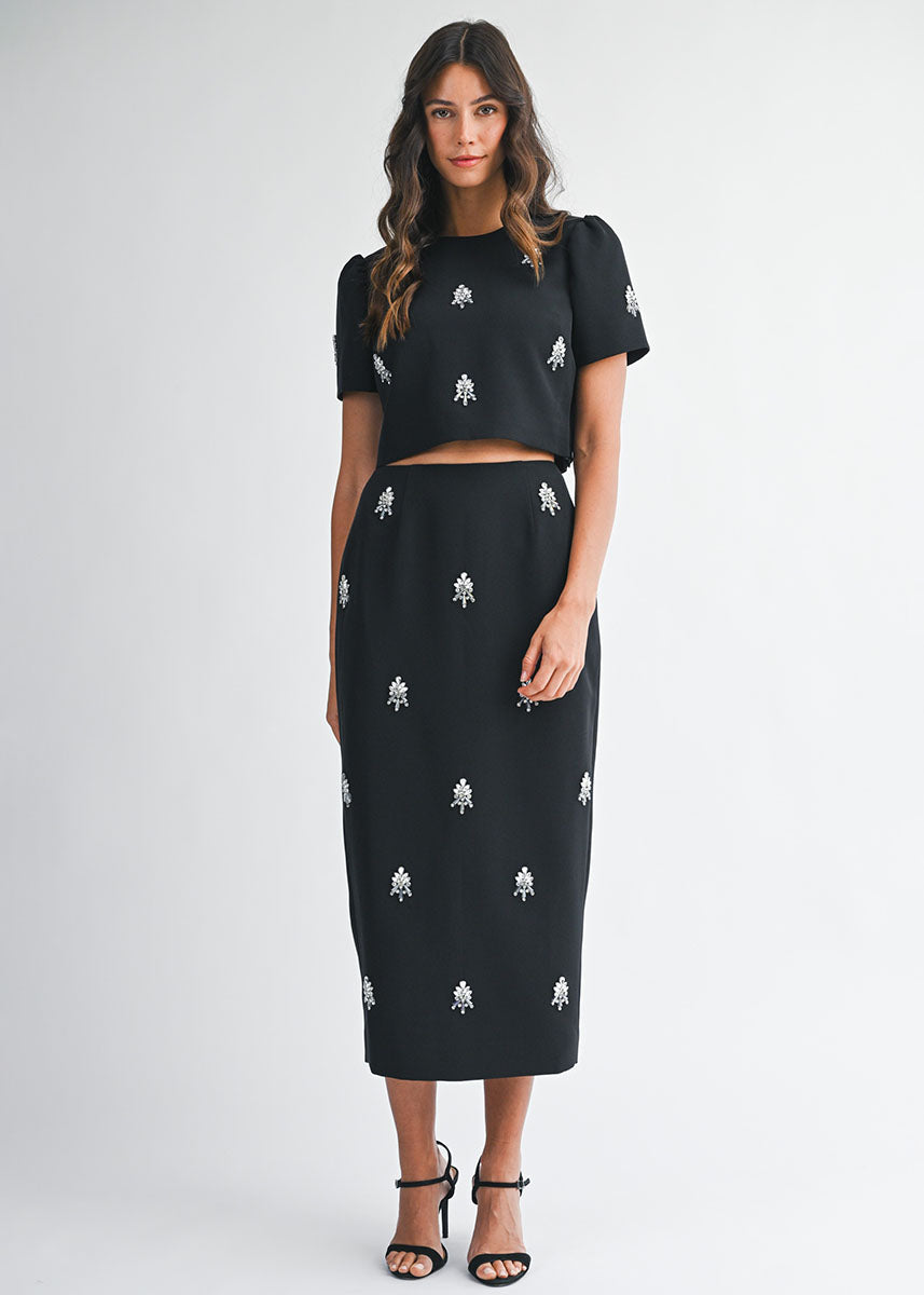 Jewel Embellished Cropped Top & Midi Skirt Set - Black