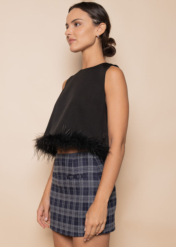 Betsie Feather Trimmed Crop Top - Black