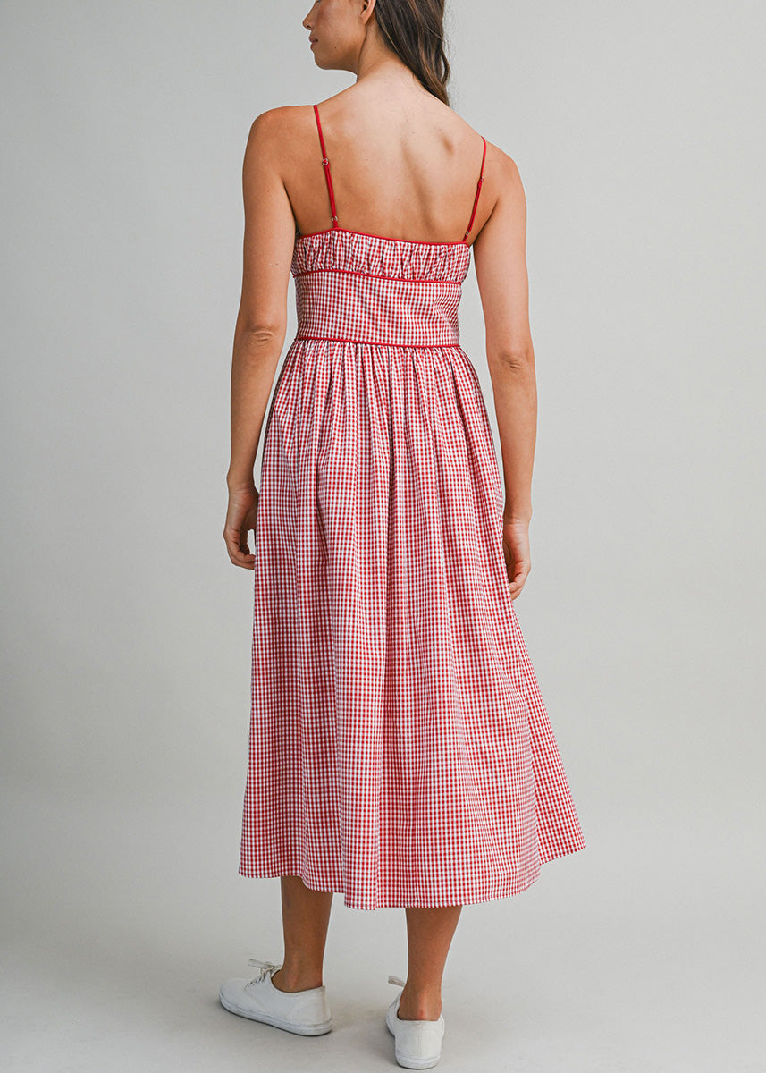 Gabrielle Gingham Ruched Midi Dress - Red