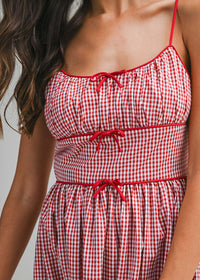 Gabrielle Gingham Ruched Midi Dress - Red