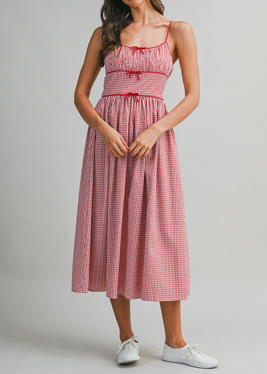 Gabrielle Gingham Ruched Midi Dress - Red