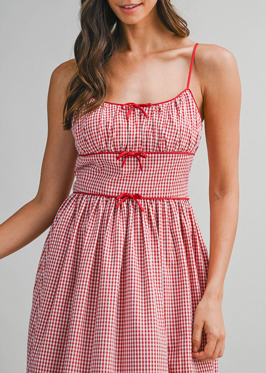 Gabrielle Gingham Ruched Midi Dress - Red