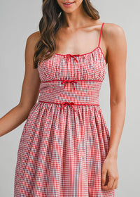 Gabrielle Gingham Ruched Midi Dress - Red