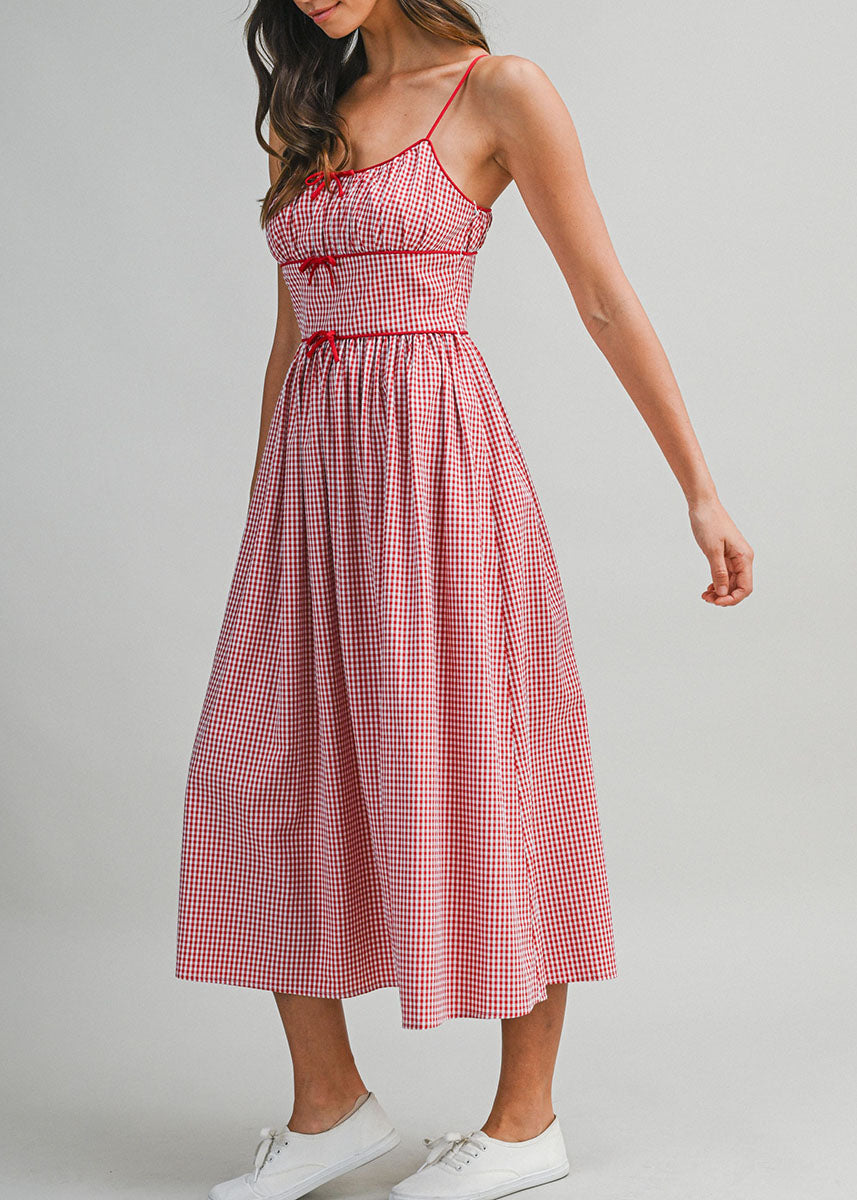 Gabrielle Gingham Ruched Midi Dress - Red