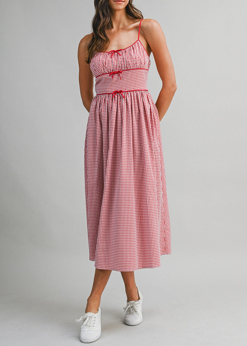Gabrielle Gingham Ruched Midi Dress - Red