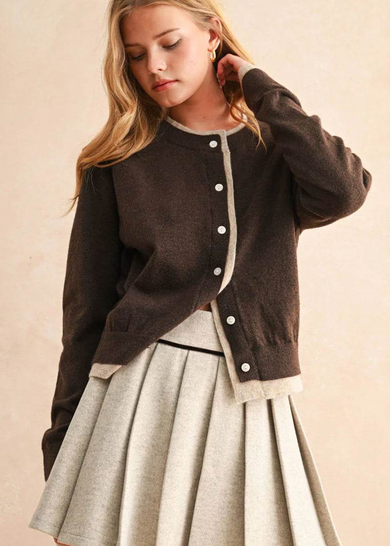 Waverly Color Contrast Cardigan - Brown & Tan