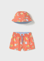 Arden Swim Shorts & Bucket Hat Set - Coral