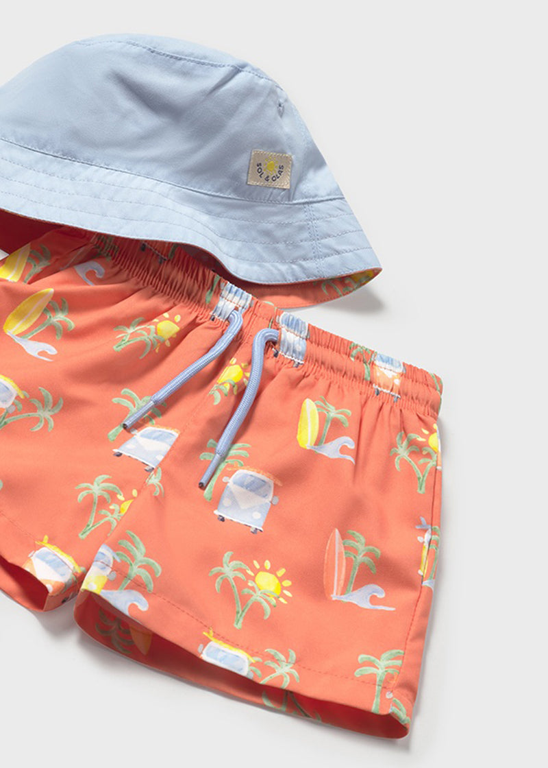 Arden Swim Shorts & Bucket Hat Set - Coral