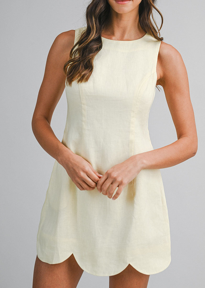 Tulip Linen Scallop Hem Mini Dress - Butter Yellow