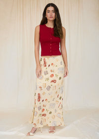 Portofino Slip On Midi Skirt - Light Khaki Multi