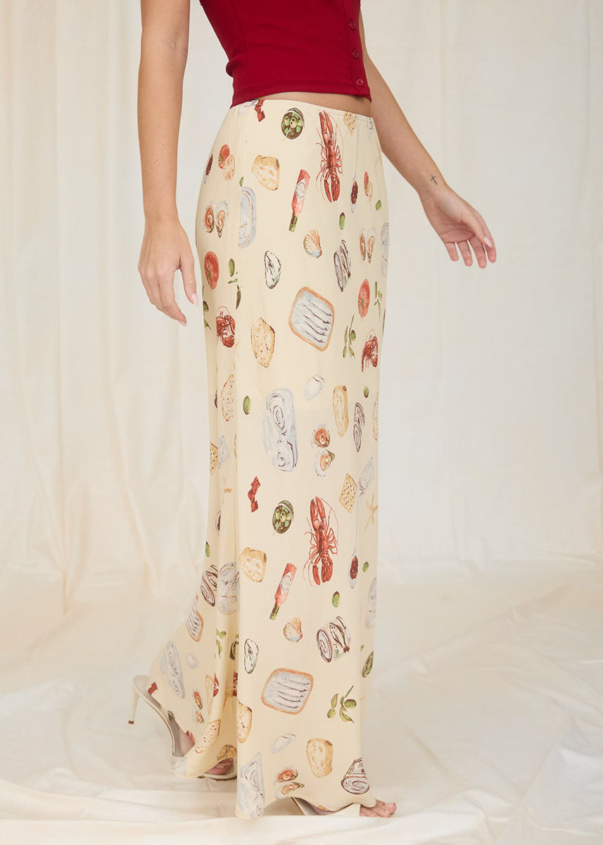 Portofino Slip On Midi Skirt - Light Khaki Multi