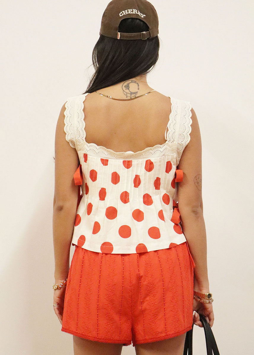 Fern Polka Dot Lace Tie Crop Top - Poppy Red