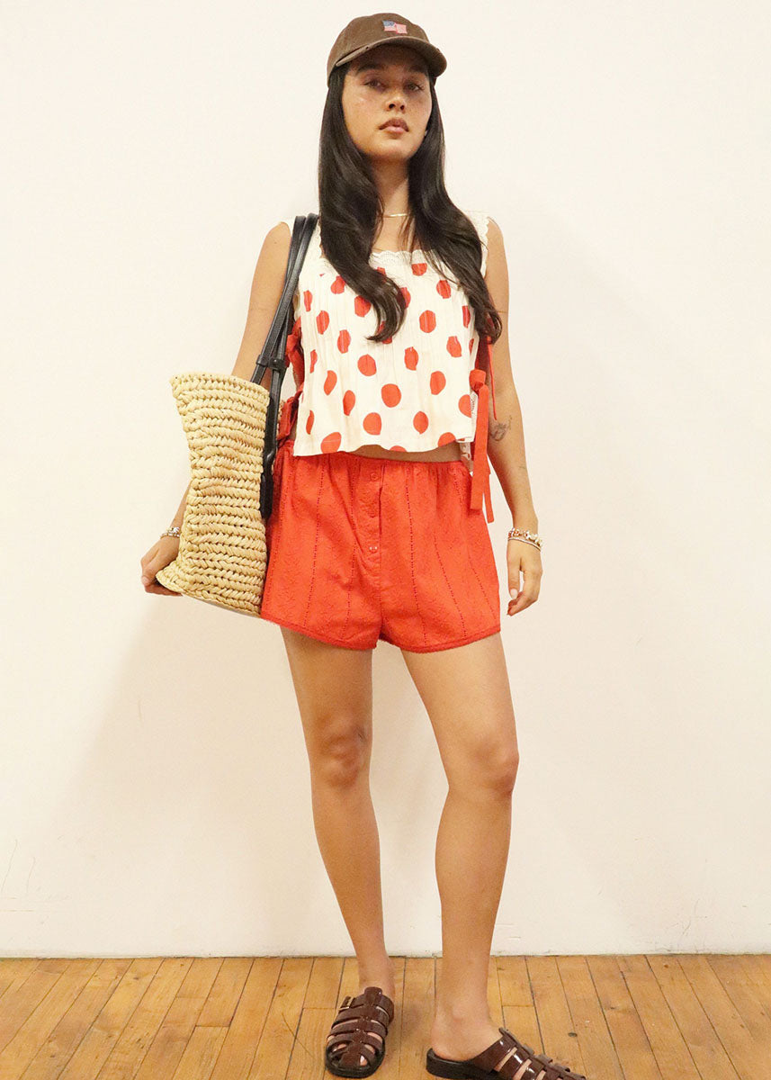 Fern Polka Dot Lace Tie Crop Top - Poppy Red
