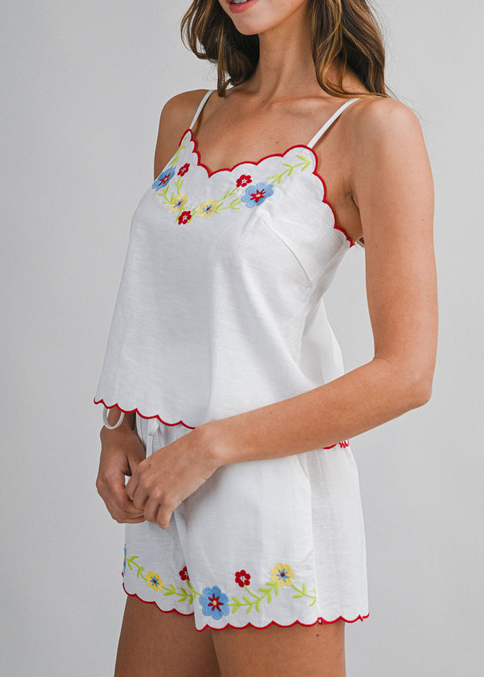 Daryl Scallop Embroidered Top & Short Set - Red Multi