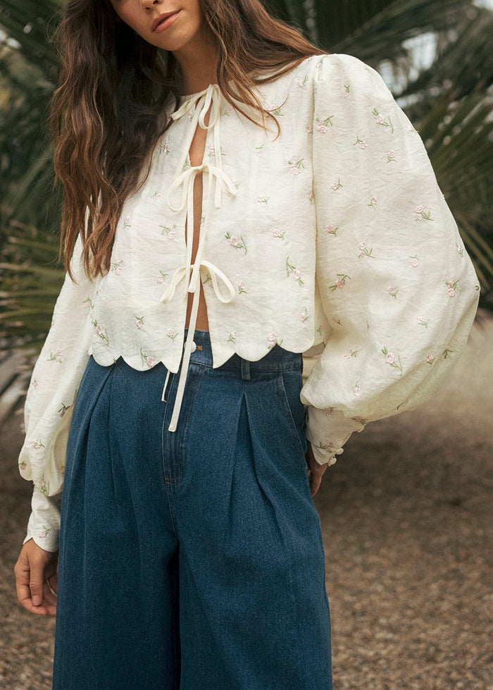 Ellen Ditzy Floral Embroidered Scallop Blouse - Butter Yellow