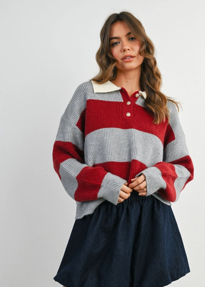 Farley Collared Button Long Sleeve - Grey Burgundy
