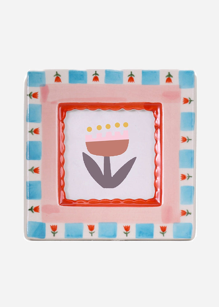Square Ceramic Photo Frame - Red Flowers
