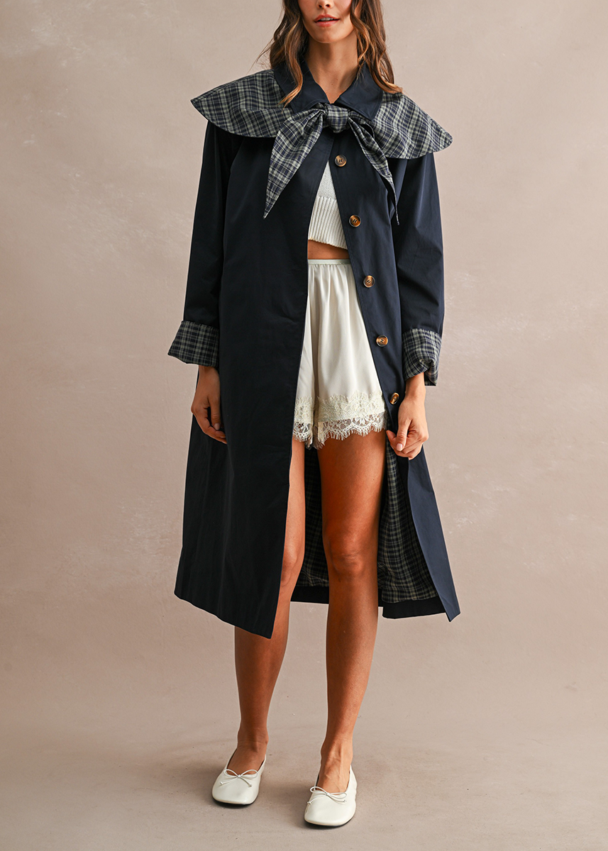 Elinia Longline Cape Scarf Trench Coat - Navy