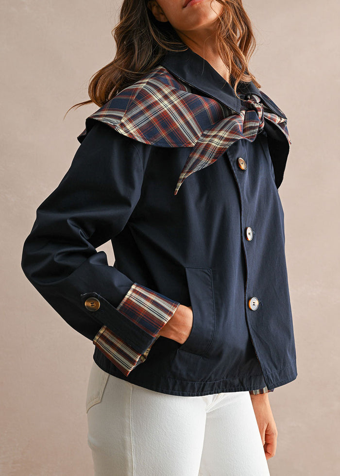 Indie Contrast Cape Plaid Jacket - Navy