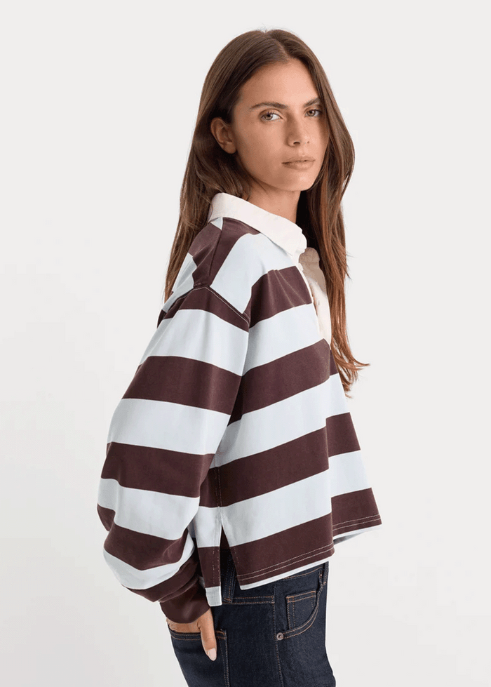 The Cropped Rugby Polo - Espresso Sky Block Stripe