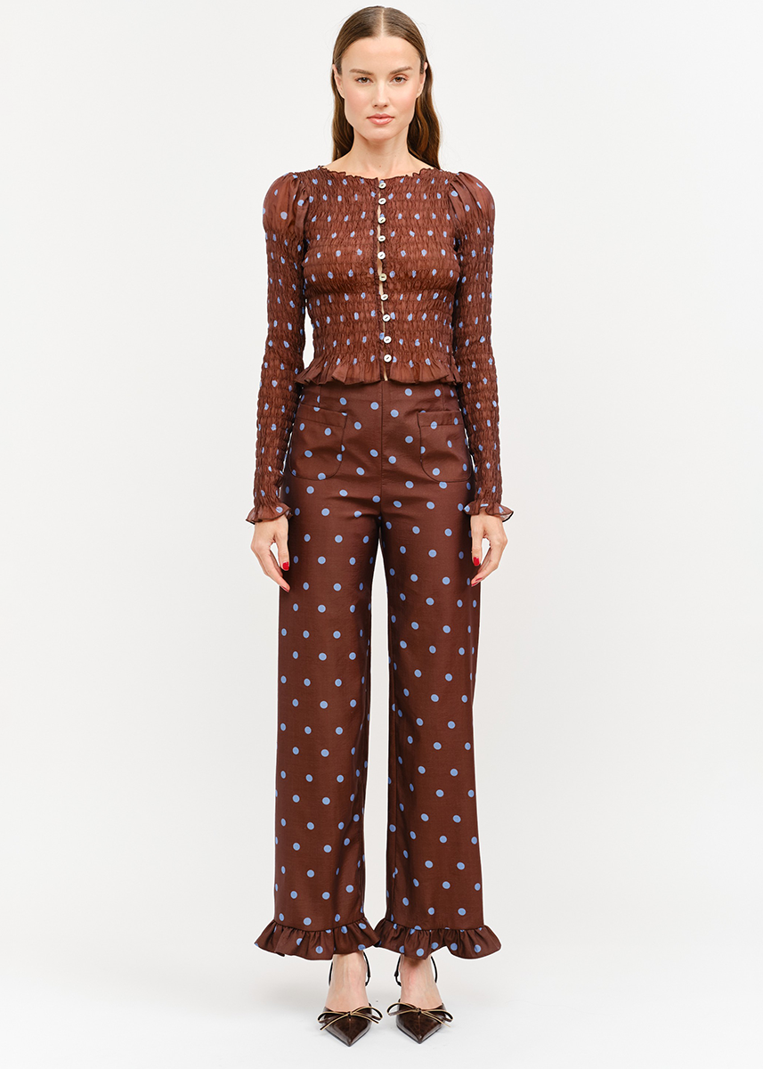 Paloma Straight Ruffle Polka Dot Pant - Brown