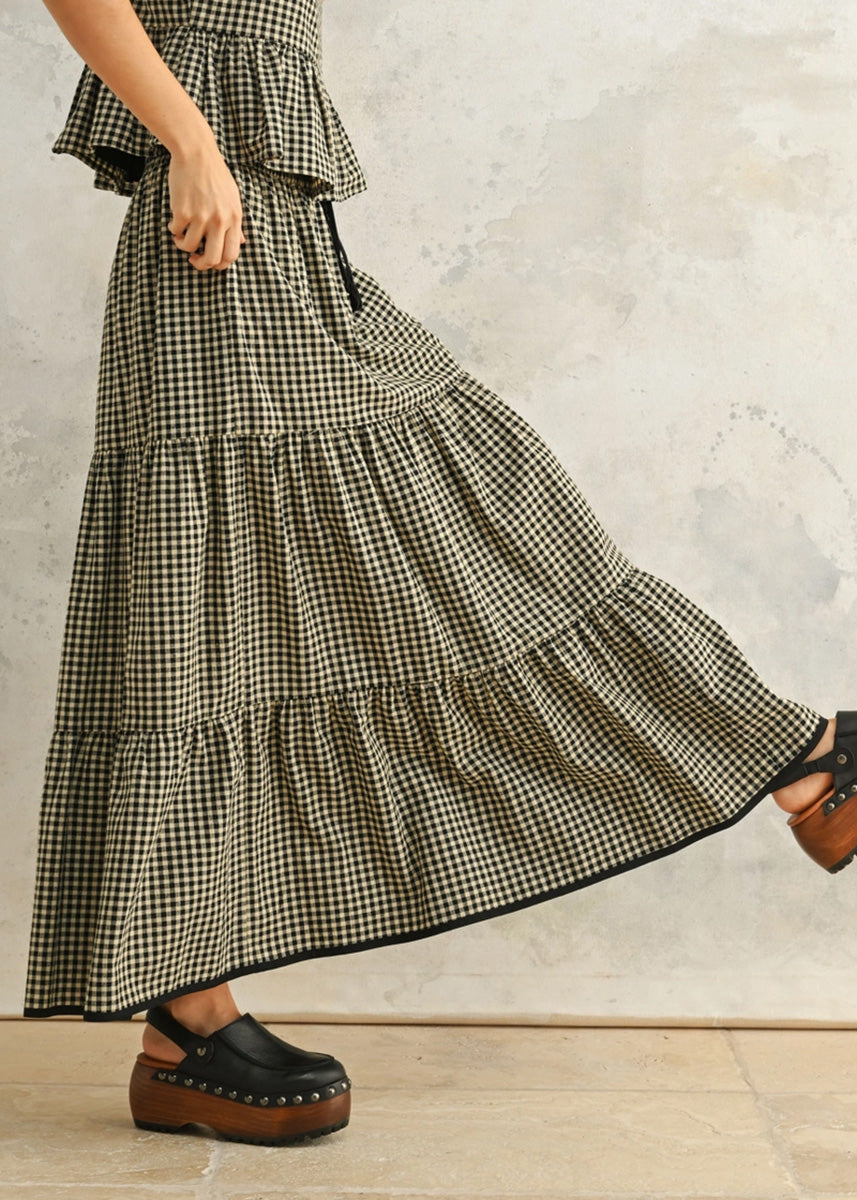 Helen Gingham Tiered Skirt - Black