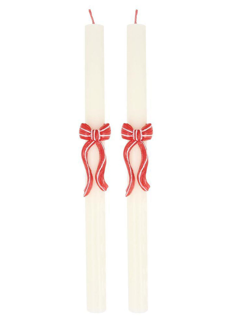 Red Stripy Bow Table Candles (Set of 2)