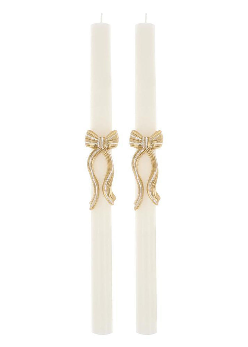 Gold Stripy Bow Table Candles (Set of 2)