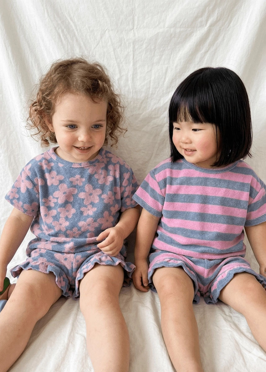 Floral Terry Cloth Short Sleeve & Ruffle Shorts Set