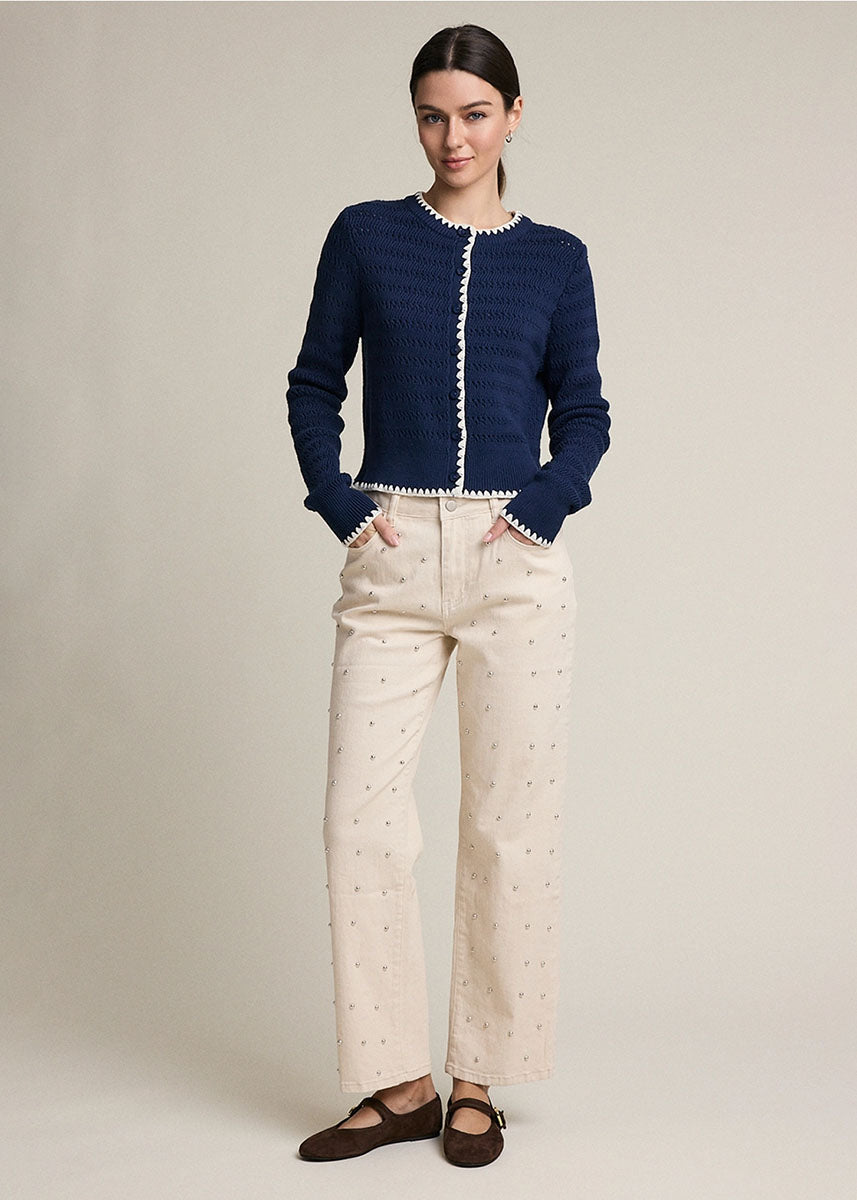 Studded Straight-Leg Denim Pants - Cream